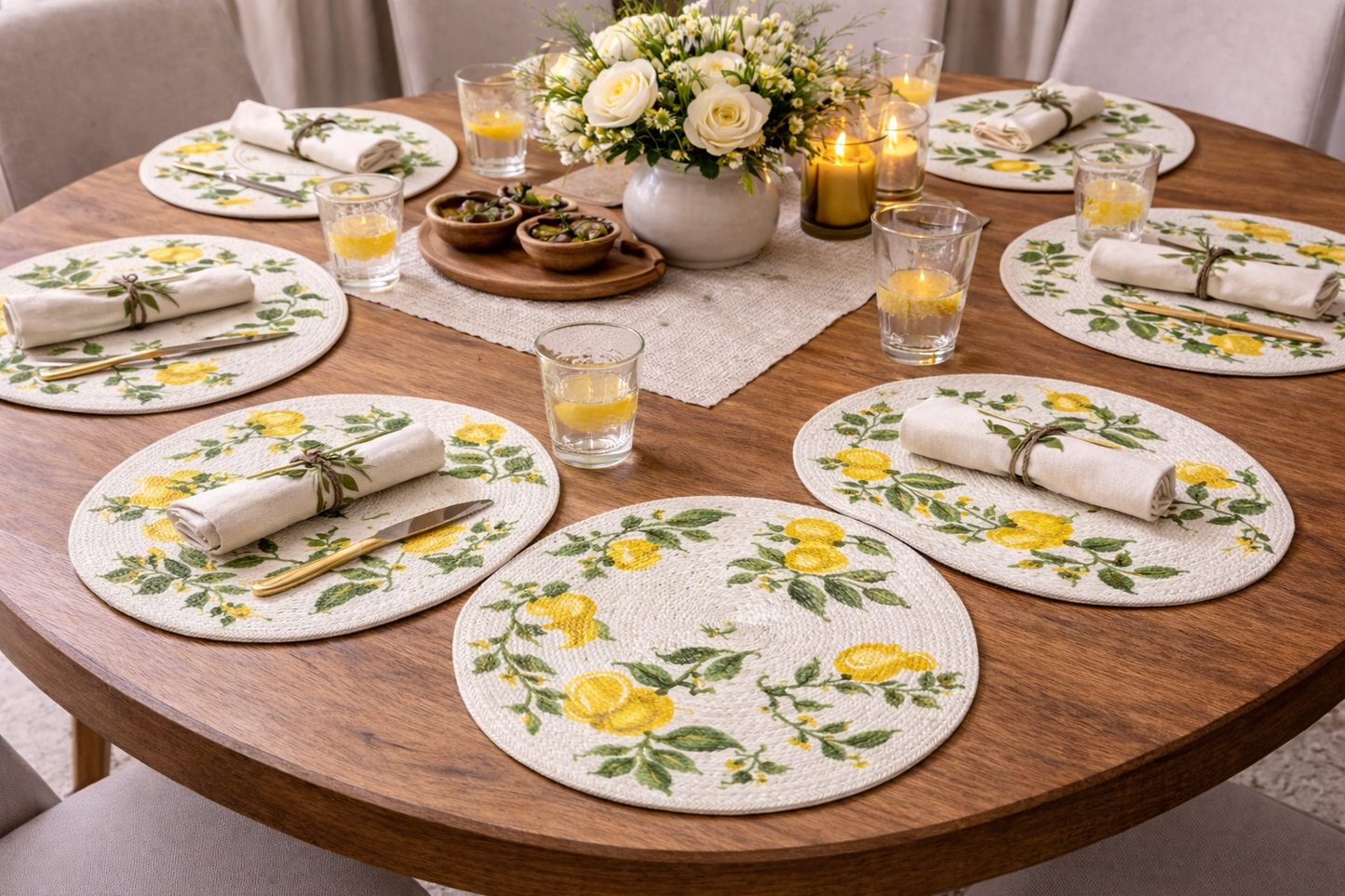 Lemon Blossom Cotton Round Placemats – Botanical Dining Table Mats | Amaré Living