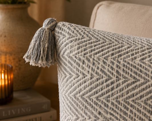 Herringbone Tassel Cushion Cover (18" x 18") | Woolen Textured Weave – Amaré Living
