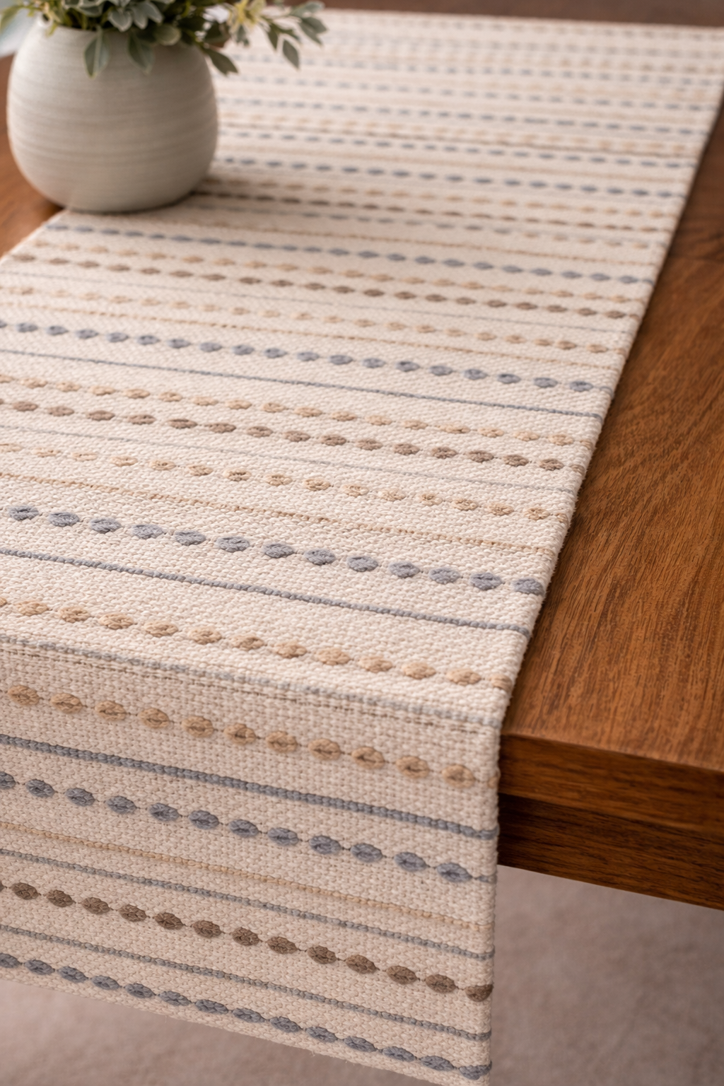Textured Dotted Weave Cotton Table Runner – Ivory, Blue & Taupe