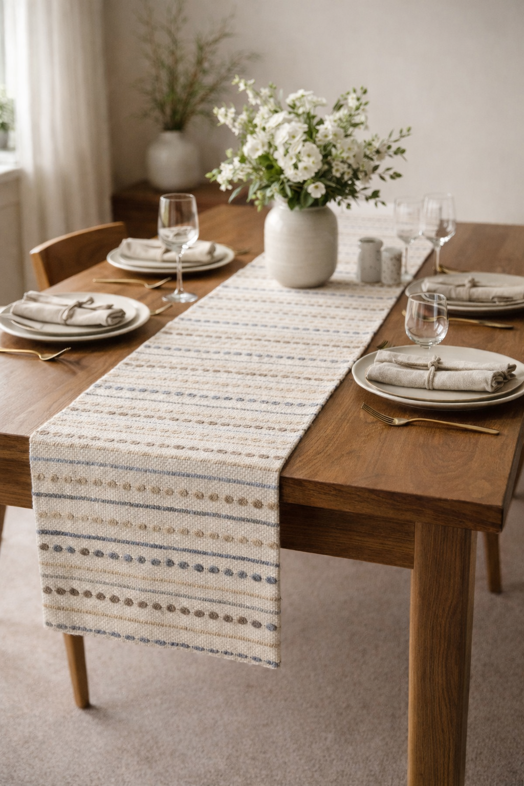 Textured Dotted Weave Cotton Table Runner – Ivory, Blue & Taupe