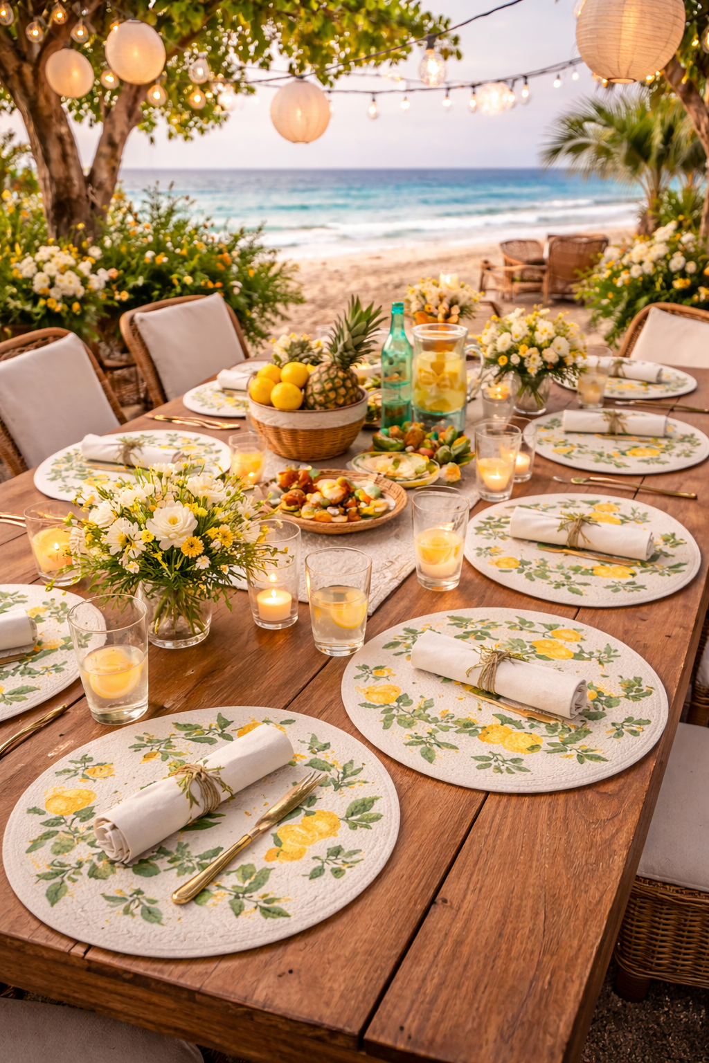 Lemon Blossom Cotton Round Placemats – Botanical Dining Table Mats | Amaré Living