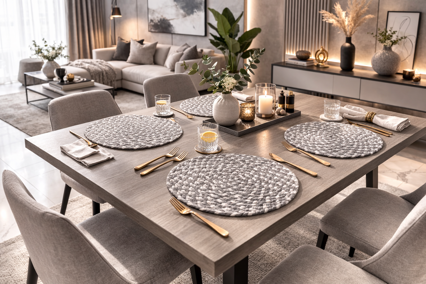 Pebble Weave Round Placemat Grey/White - Set Of 4  | Amaré Living