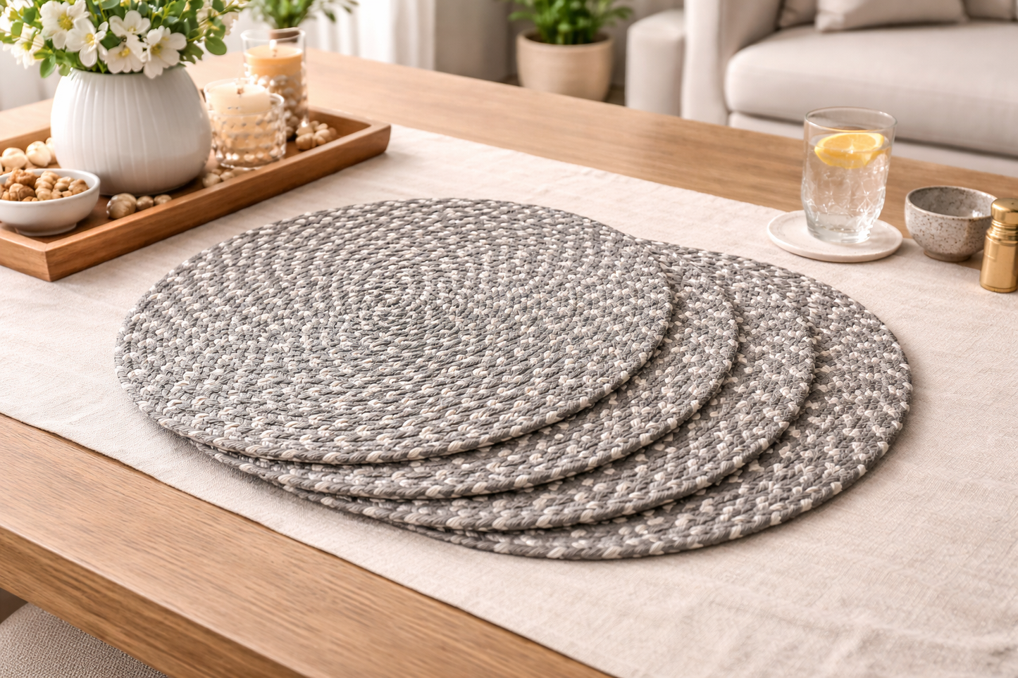 Pebble Weave Round Placemat Grey/White - Set Of 4  | Amaré Living