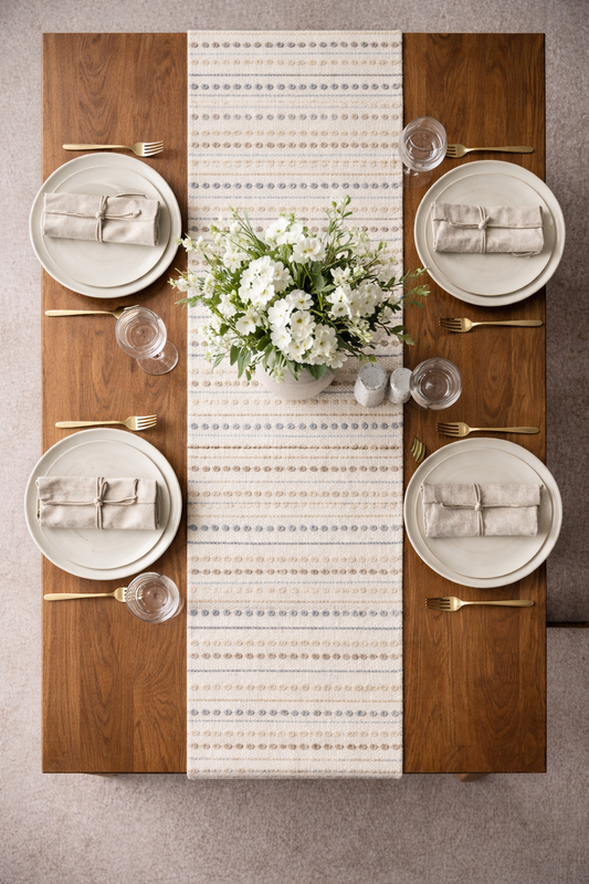 Textured Dotted Weave Cotton Table Runner – Ivory, Blue & Taupe