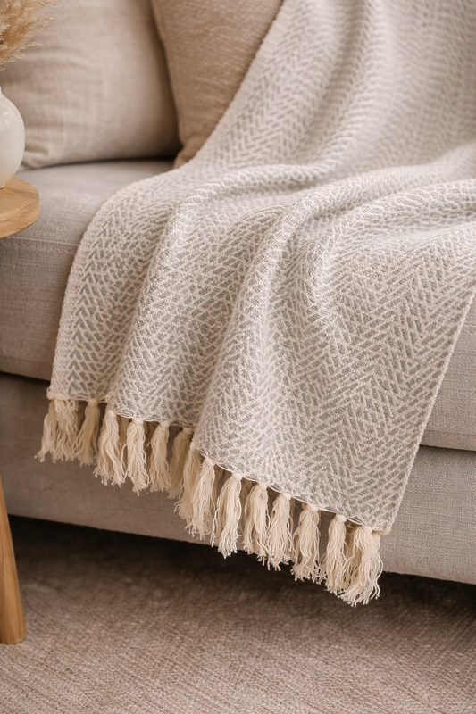 Ivory Herringbone Tassel Throw