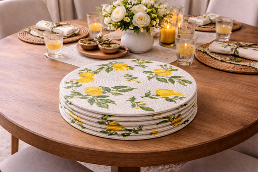 Lemon Blossom Cotton Round Placemats – Botanical Dining Table Mats | Amaré Living