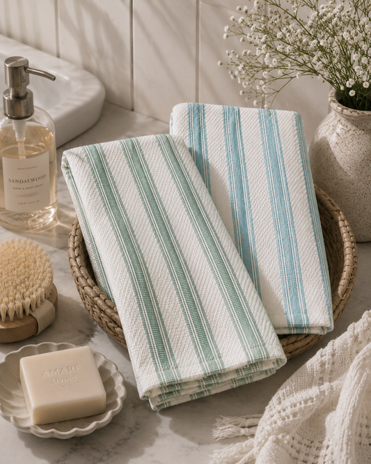 Coastal Stripe Quick Dry Hand Towels - Pack Of 2 | Ripple Terry 100% Cotton – Amaré Living