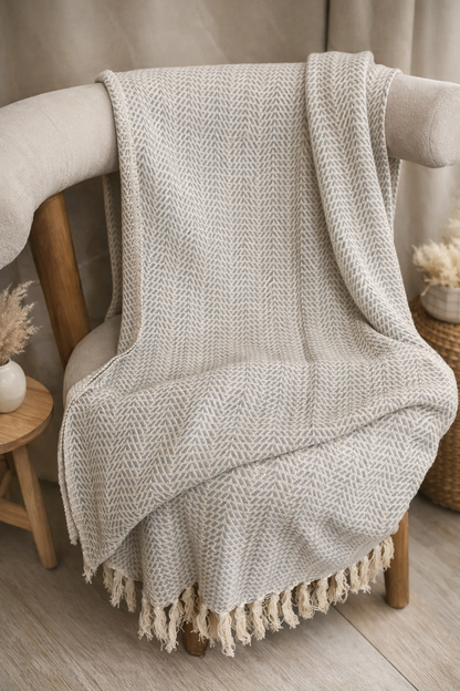 Ivory Herringbone Tassel Throw