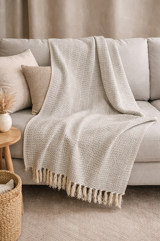 Ivory Herringbone Tassel Throw