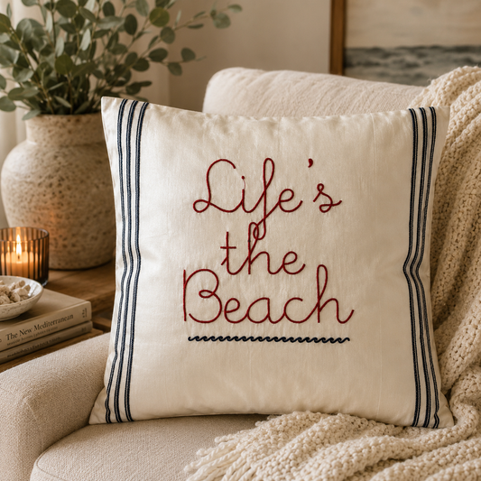 Life’s A Beach Cushion Cover (16" x 16") | Embroidered Cotton Blend – Amaré Living