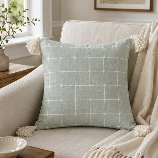Sage Whimsy Tassel Cushion Cover (18" x 18") | Textured Cotton Blend – Amaré Living