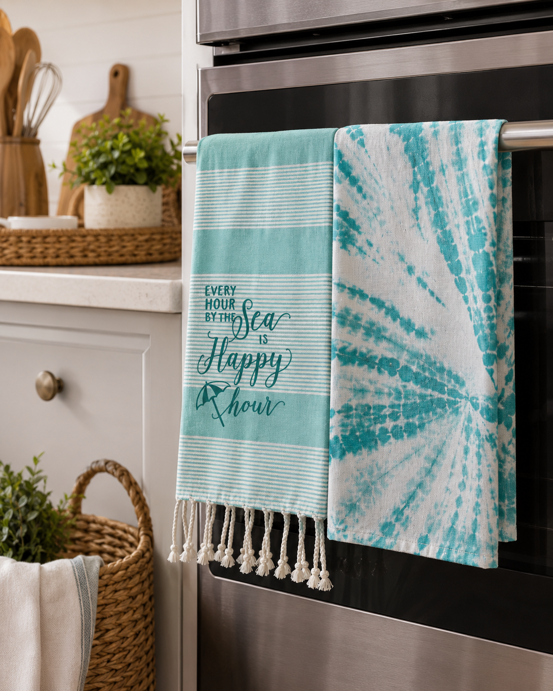 Sea Breeze Tassel Kitchen Towels - Pack Of 2 (20 x 28 inches each) | 100% Cotton – Amaré Living