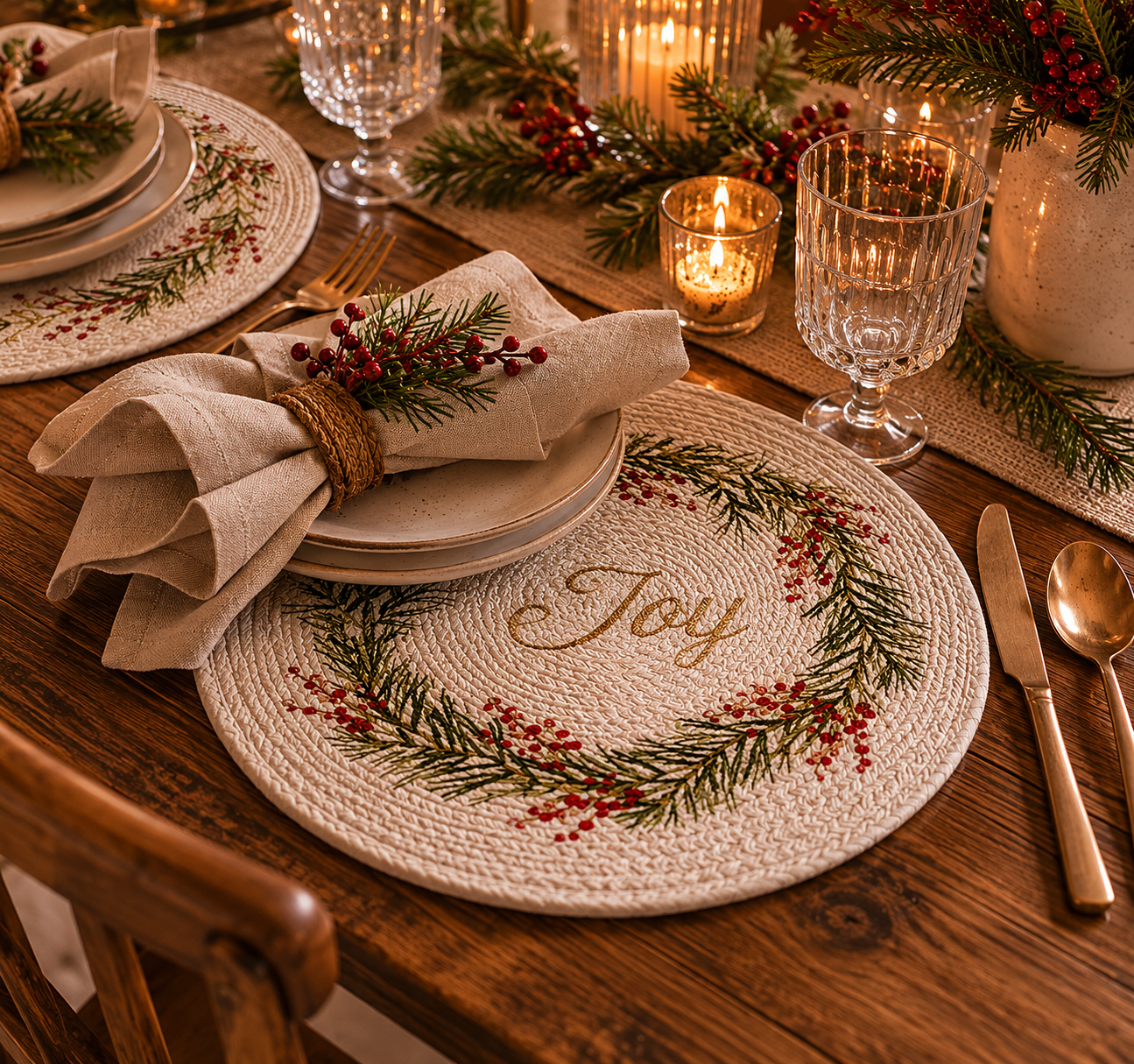 Winterberry Wreath Braided Placemats - Pack Of 8 (15") | 100% Cotton – Amaré Living
