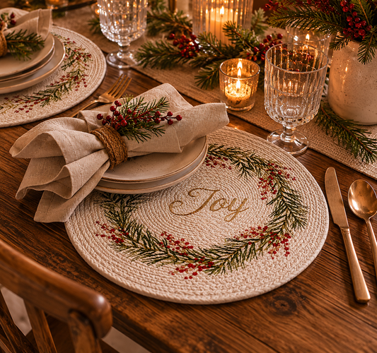 Winterberry Wreath Braided Placemats - Pack Of 8 (15") | 100% Cotton – Amaré Living