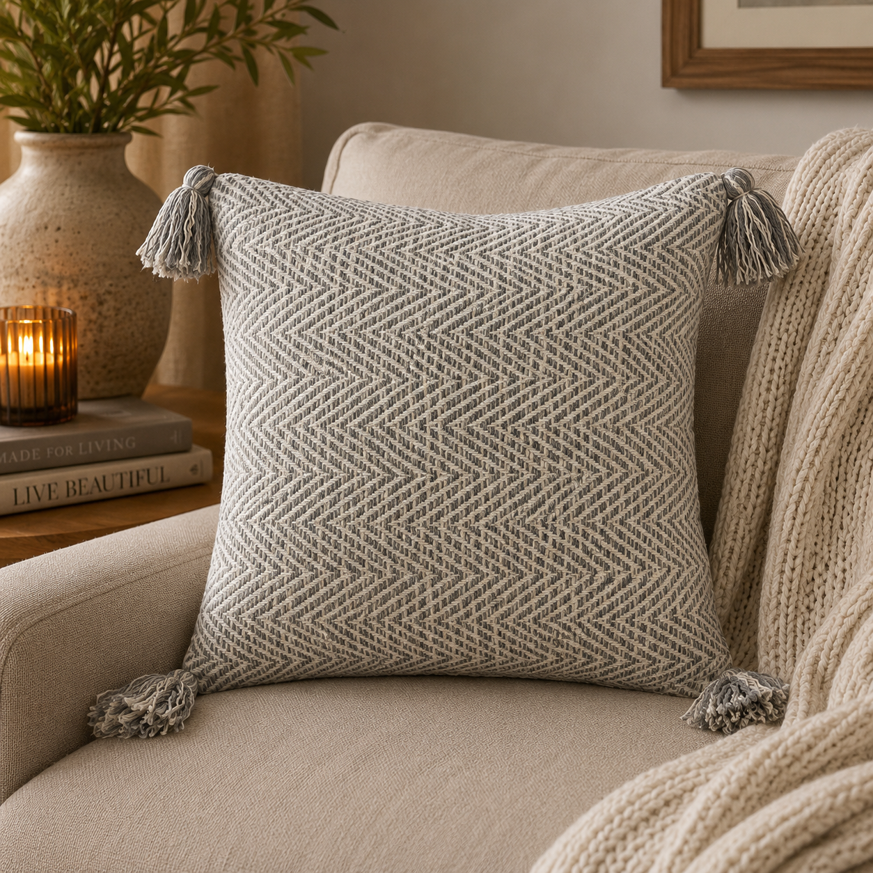 Herringbone Tassel Cushion Cover (18" x 18") | Woolen Textured Weave – Amaré Living