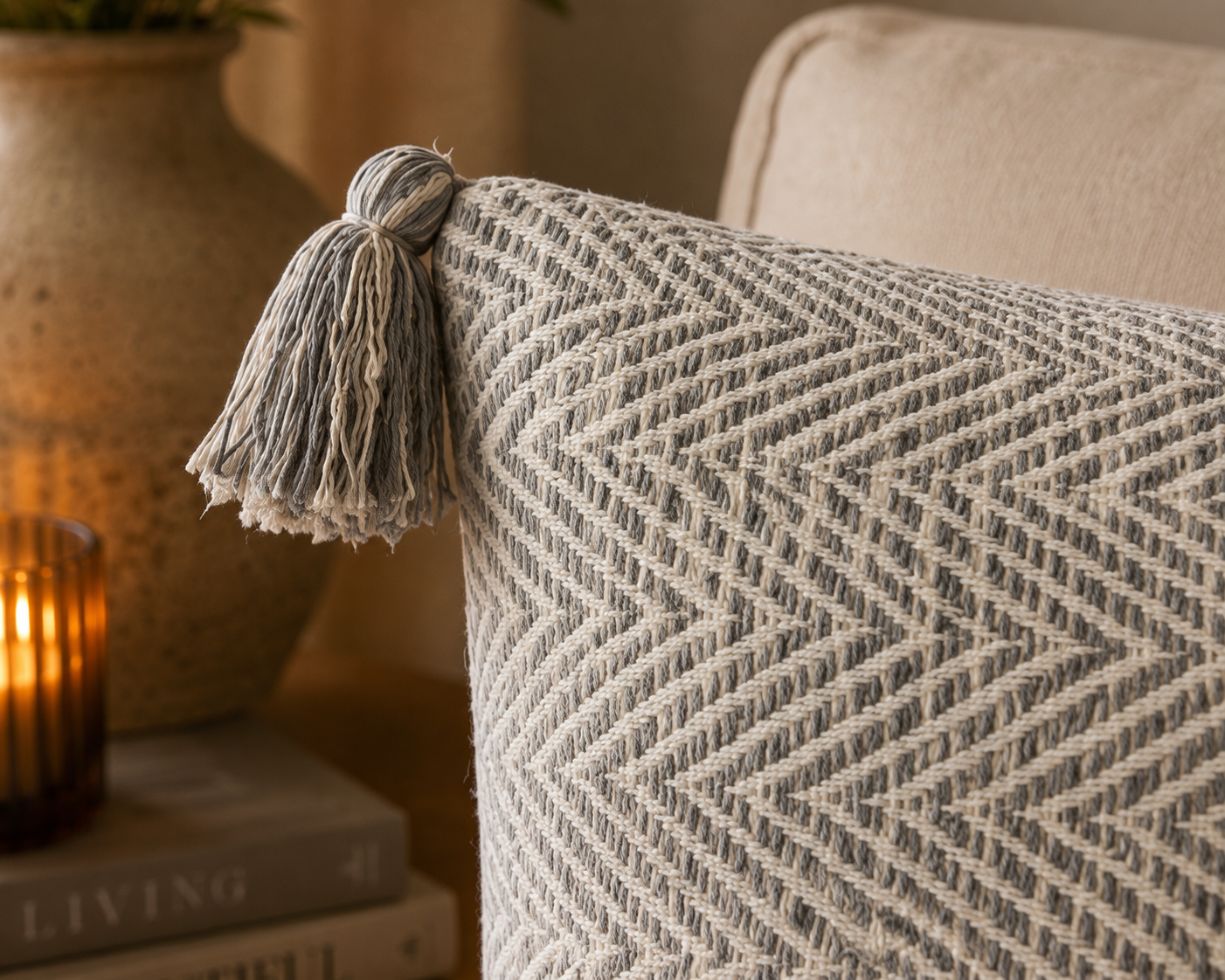 Herringbone Tassel Cushion Cover (18" x 18") | Woolen Textured Weave – Amaré Living