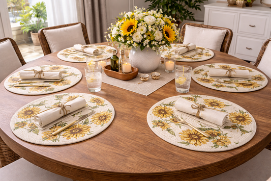 Sunflower Cotton Round Placemats – Floral Dining Table Mats | Amaré Living