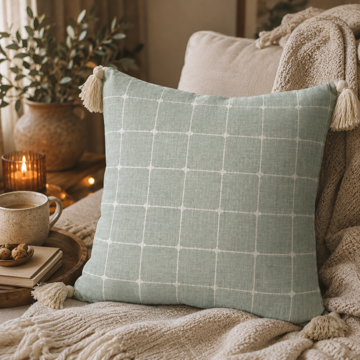 Sage Whimsy Tassel Cushion Cover (18" x 18") | Textured Cotton Blend – Amaré Living