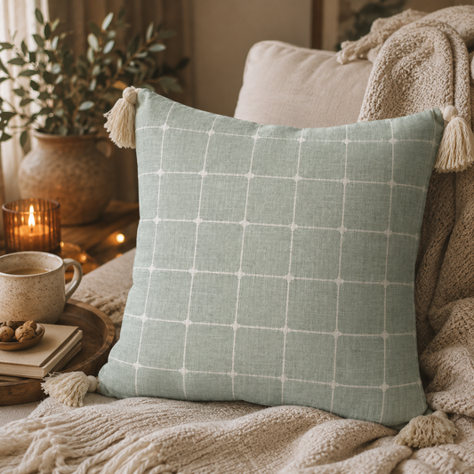 Sage Whimsy Tassel Cushion Cover (18" x 18") | Textured Cotton Blend – Amaré Living