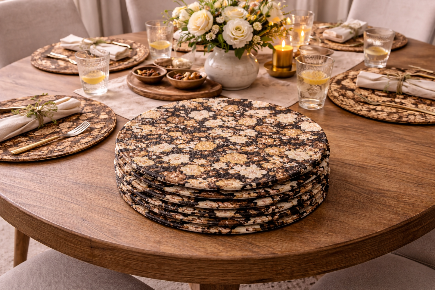 Mocha Bloom Round Placemats – Set of 4