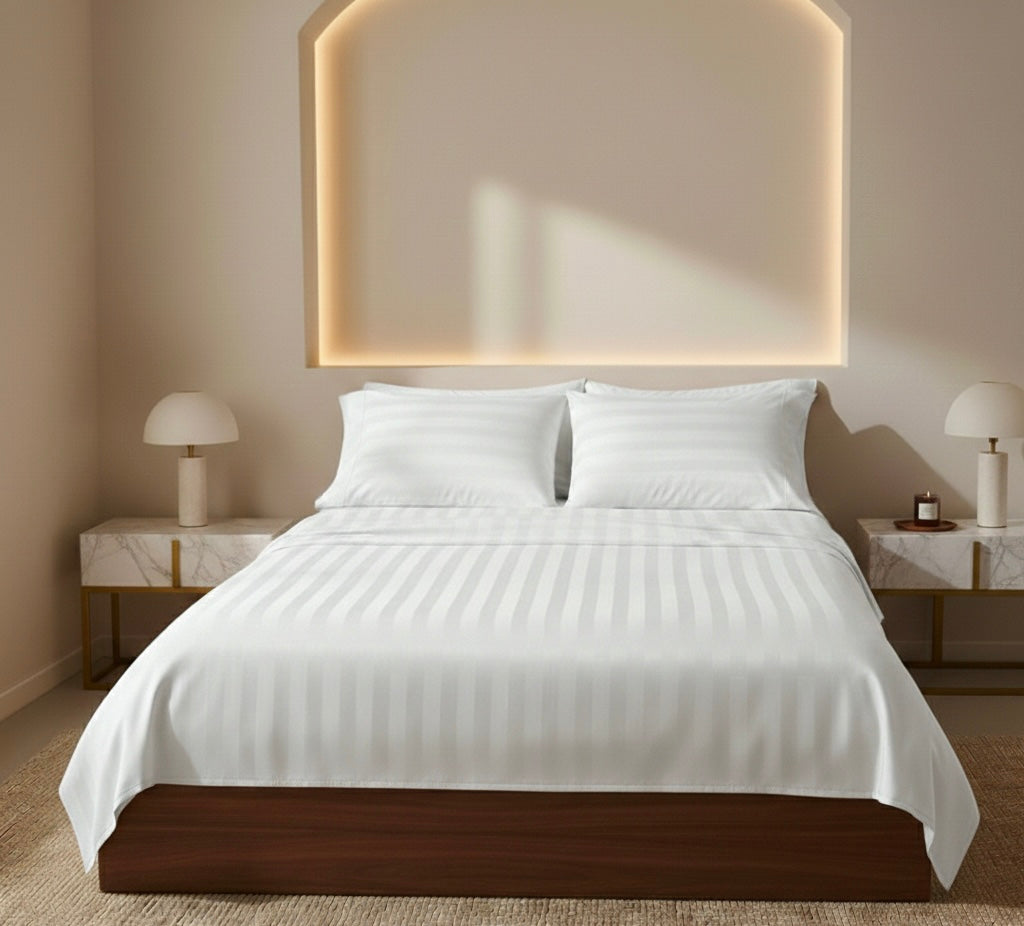 Amaré Élan — Pure White Striped 550 TC Bedsheet