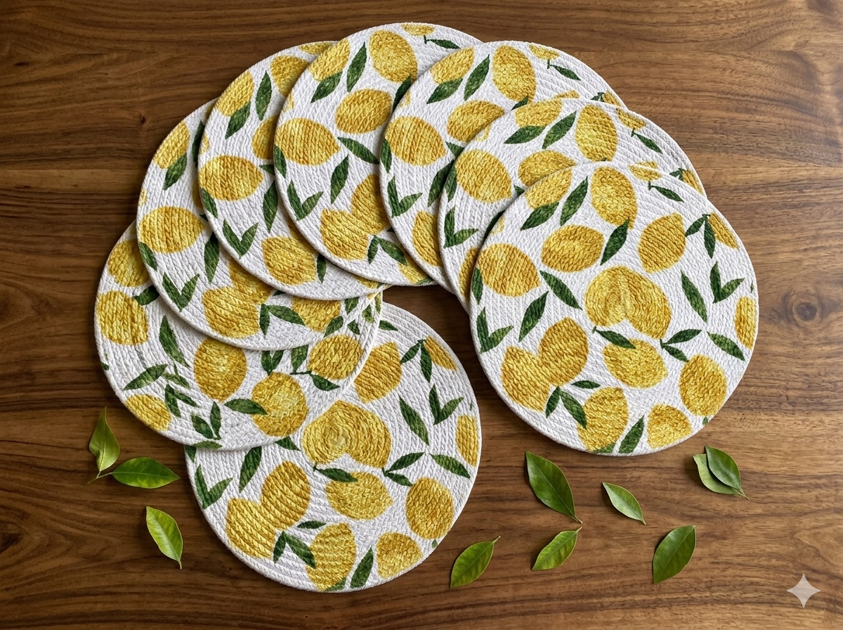 Lemon Cotton Round Placemats – Citrus Dining Table Mats | Amaré Living